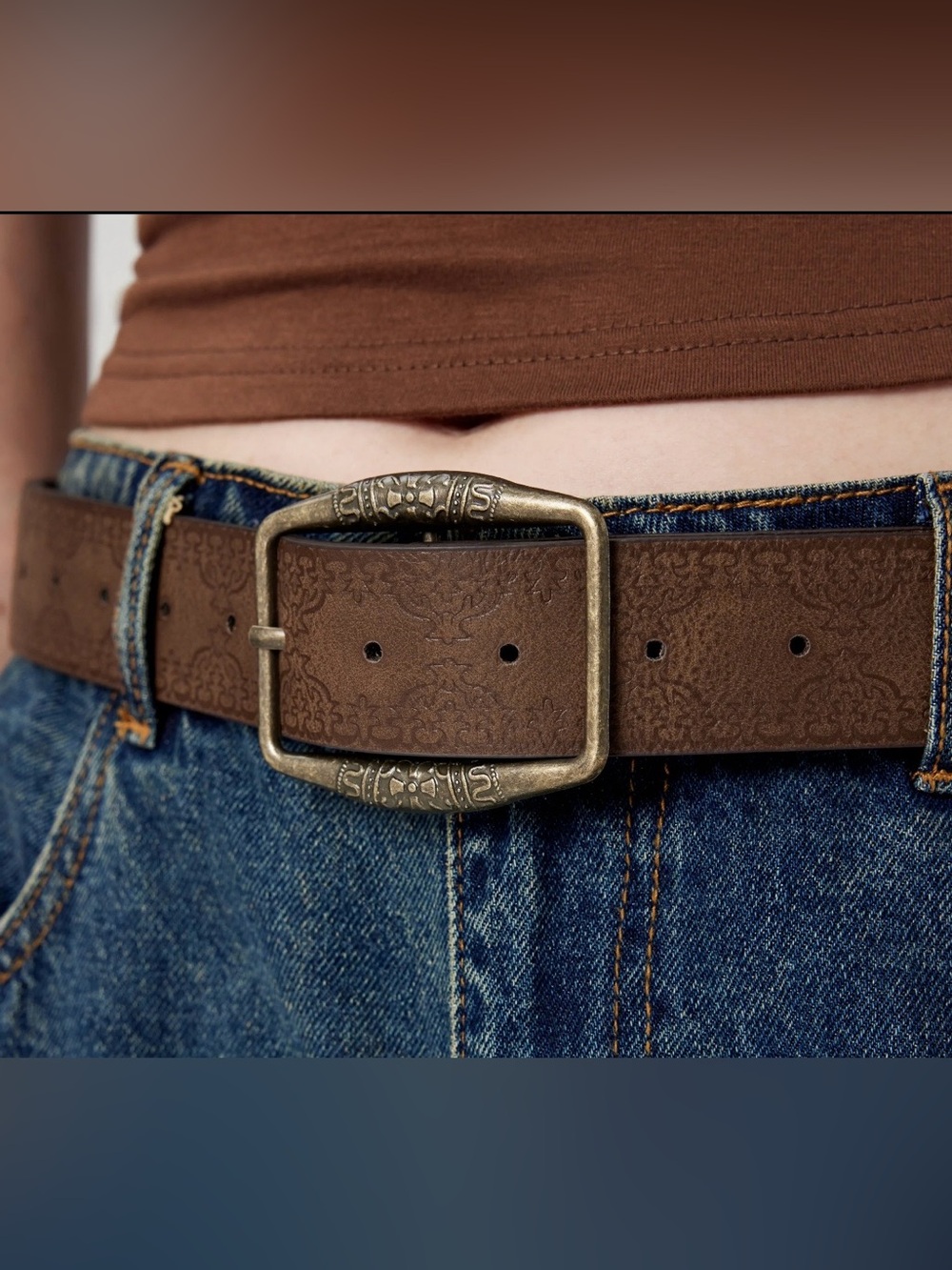 NWT - Cider Vegan Leather Belt w Embellished Brass Coloured Buckle in Brown